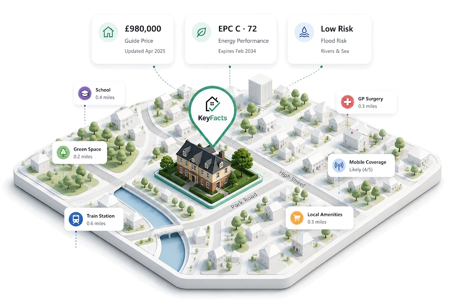 3D design of a town with property report floating bubbles